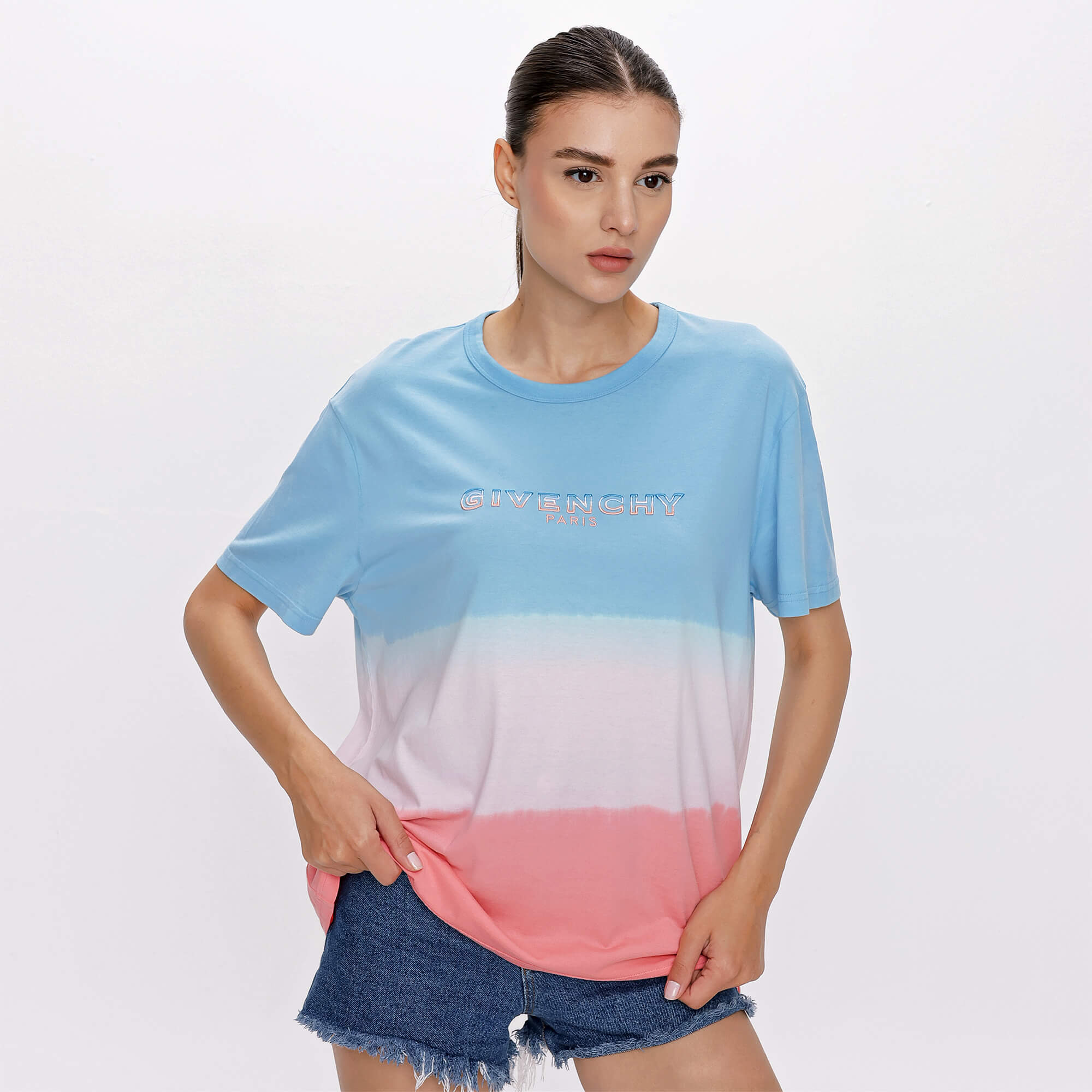 Givenchy - Blue&Pink Cotton Givenchy Logo Detail Tshirt